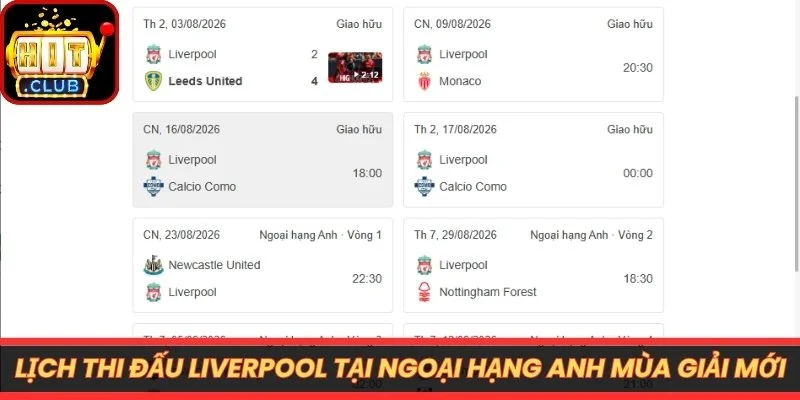 Lịch thi đấu Liverpool tại Ngoại hạng Anh mùa giải mới