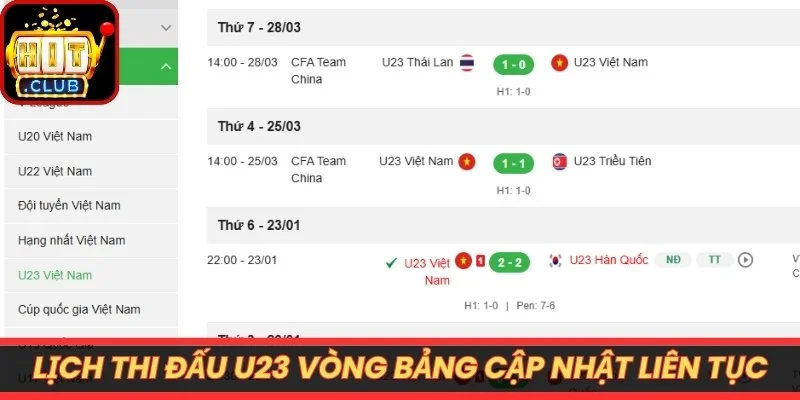 Lịch thi đấu U23 vòng bảng cập nhật liên tục từng ngày